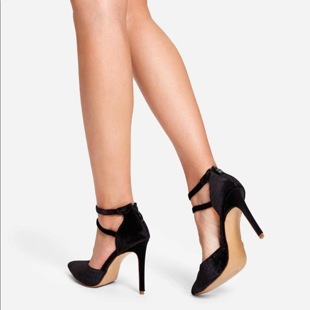 New Black Velvet Double Ankle Strap Heels